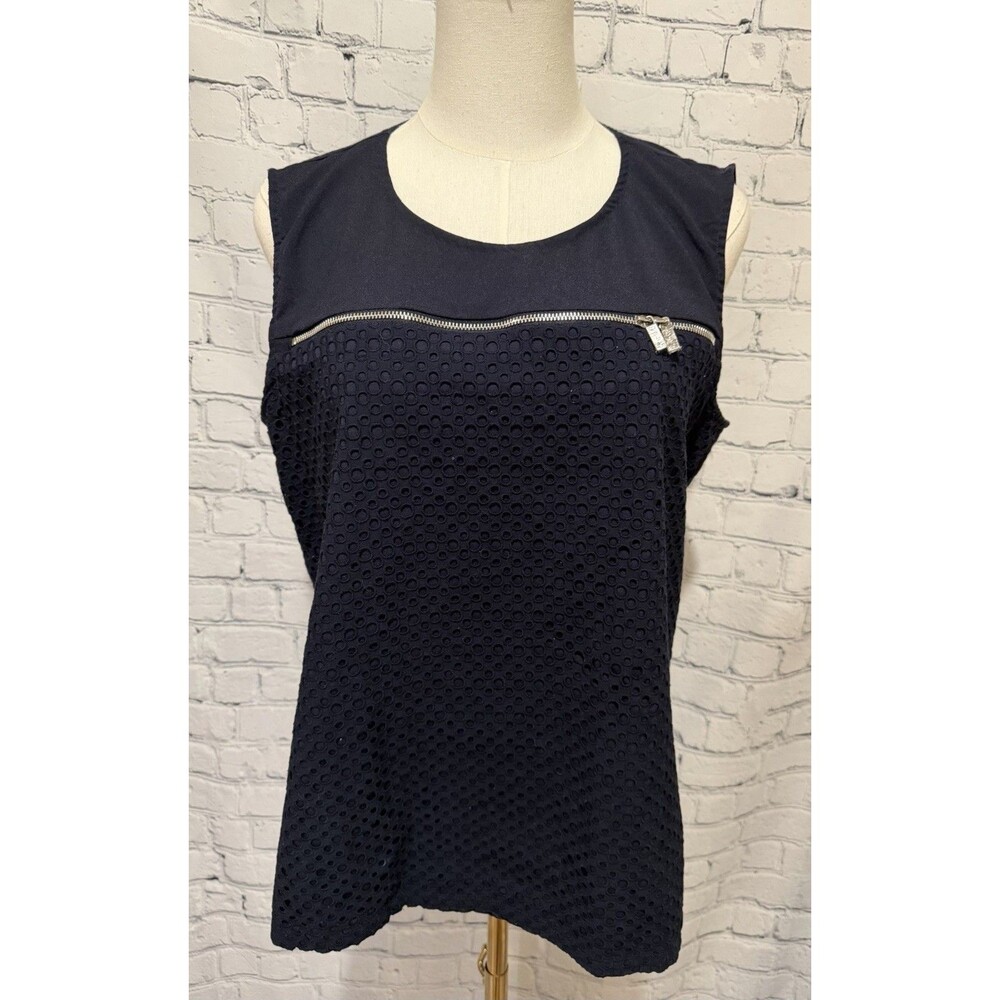 Calvin Klein Sleeveless Eyelet front Zipper Accent Dark Navy Blue Top Blouse M/L